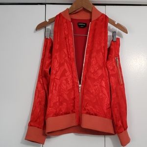 Bebe sample cold shoulder silk red jacket.